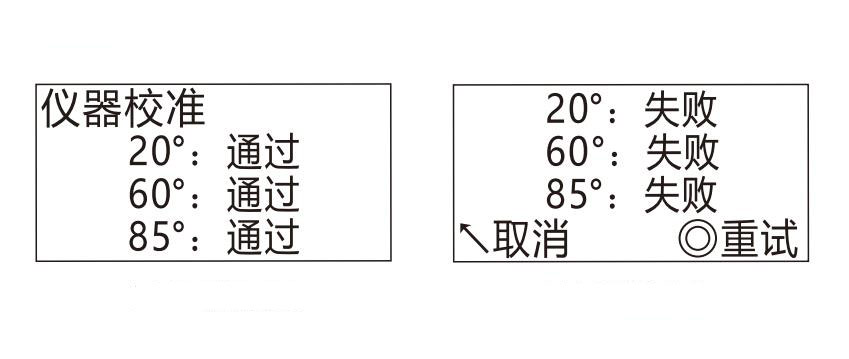 YGL60非接觸式光澤度儀校準成功與失敗界面